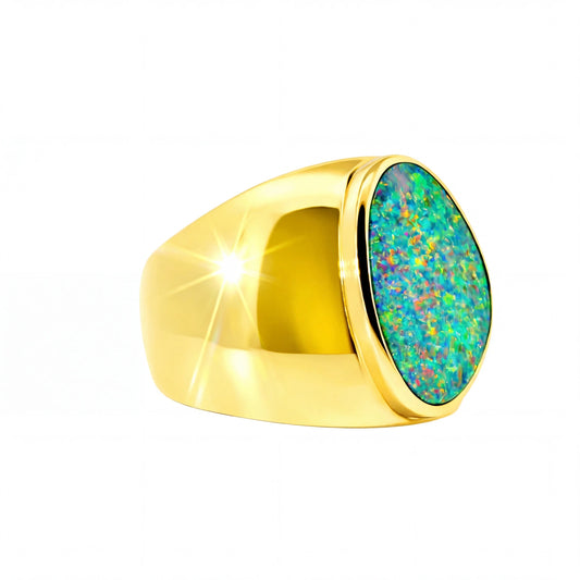 Doublet Opal Men's Ring in 14K Yellow Gold - Multicolour - Australian Opal Cutters and Pearl Divers