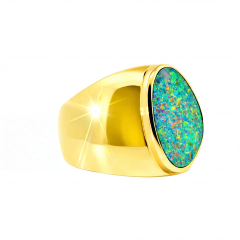 Doublet Opal Men's Ring in 14K Yellow Gold - Multicolour - Australian Opal Cutters and Pearl Divers