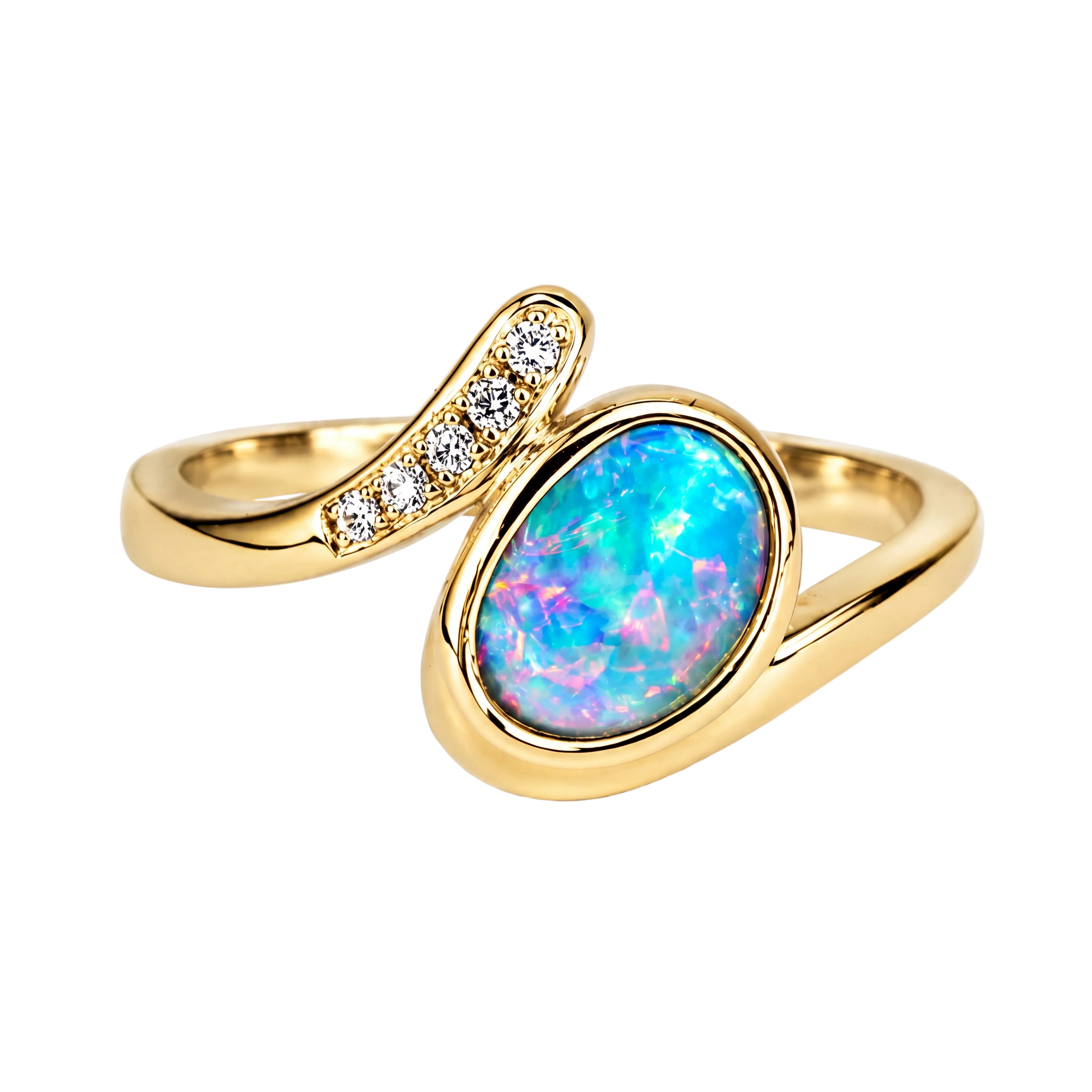 Doublet Opal Ring in 14K Yellow Gold - Multicolour - Australian Opal Cutters and Pearl Divers
