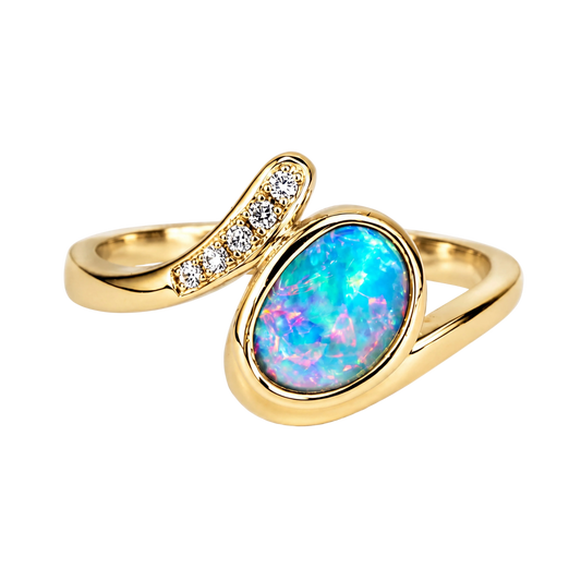Doublet Opal Ring in 14K Yellow Gold - Multicolour - Australian Opal Cutters and Pearl Divers