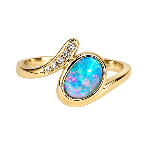 Doublet Opal Ring in 14K Yellow Gold - Multicolour - Australian Opal Cutters and Pearl Divers
