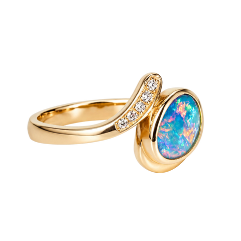 Doublet Opal Ring in 14K Yellow Gold - Multicolour - Australian Opal Cutters and Pearl Divers