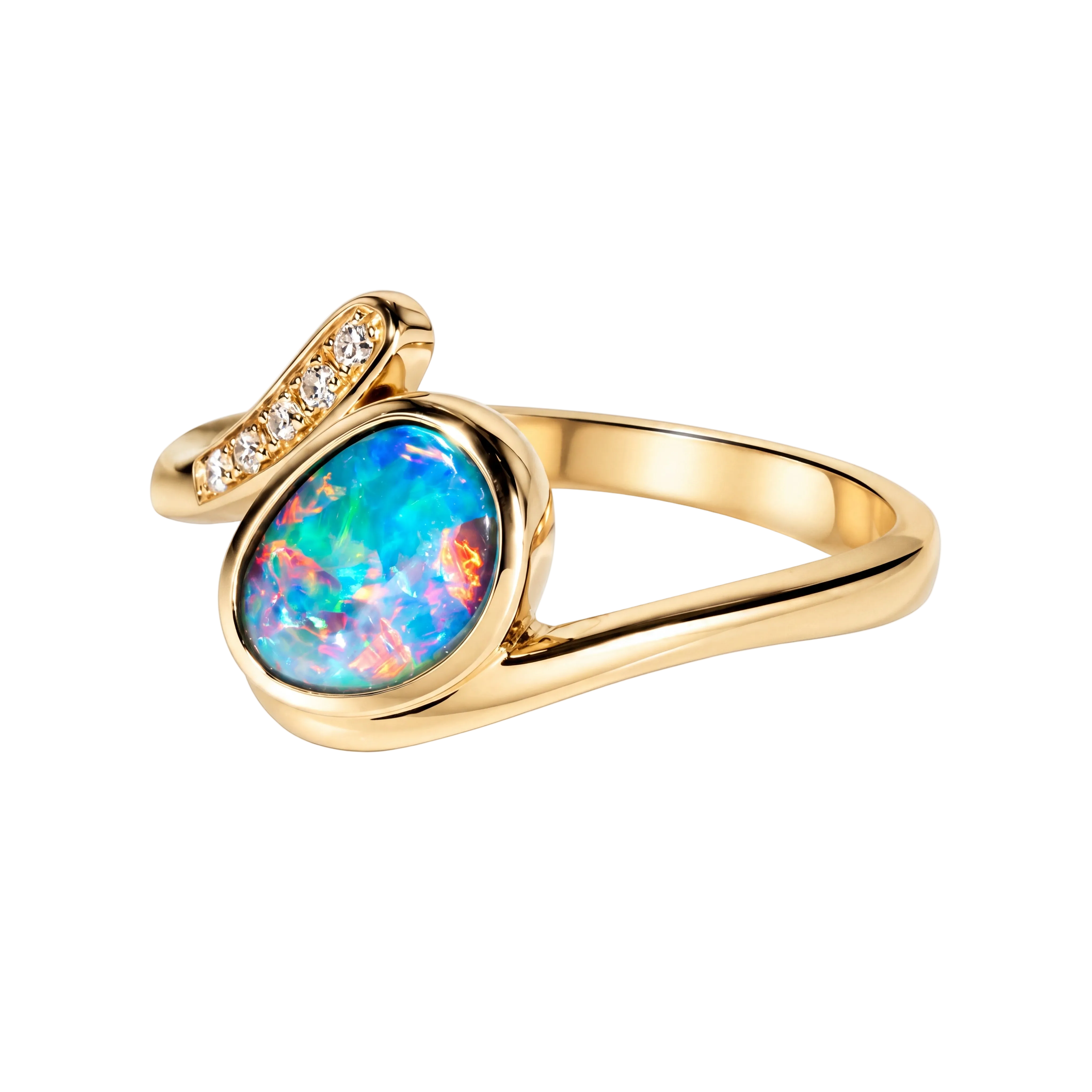 Doublet Opal Ring in 14K Yellow Gold - Multicolour - Australian Opal Cutters and Pearl Divers