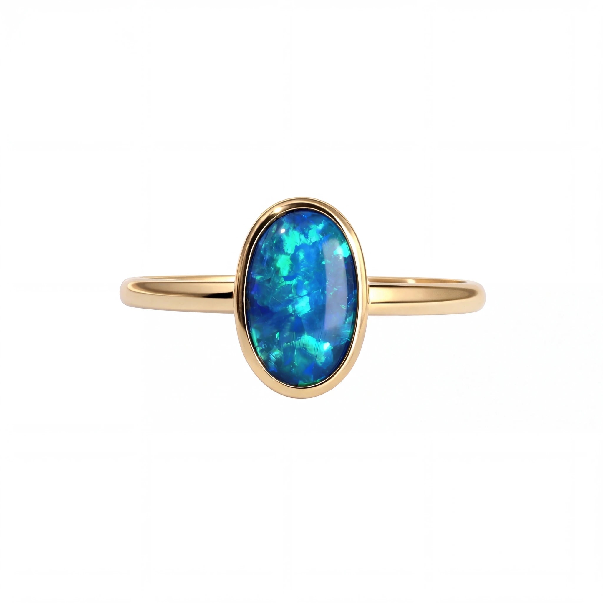 Black Opal Ring in 14K Yellow Gold - Green-Blue - Australian Opal Cutters and Pearl Divers