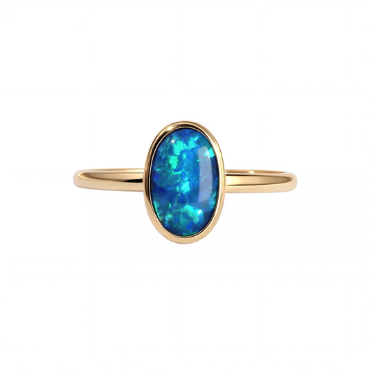Black Opal Ring in 14K Yellow Gold - Green-Blue - Australian Opal Cutters and Pearl Divers