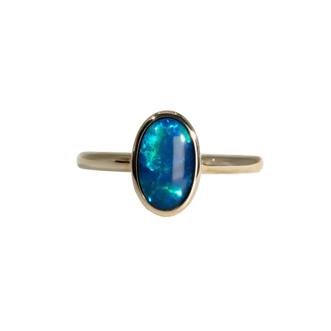 Black Opal Ring in 14K Yellow Gold - Green-Blue