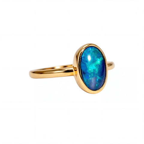 Black Opal Ring in 14K Yellow Gold - Green-Blue - Australian Opal Cutters and Pearl Divers