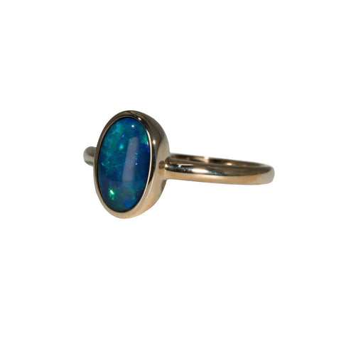 Black Opal Ring in 14K Yellow Gold - Green-Blue