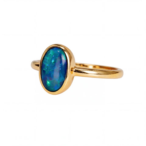 Black Opal Ring in 14K Yellow Gold - Green-Blue - Australian Opal Cutters and Pearl Divers