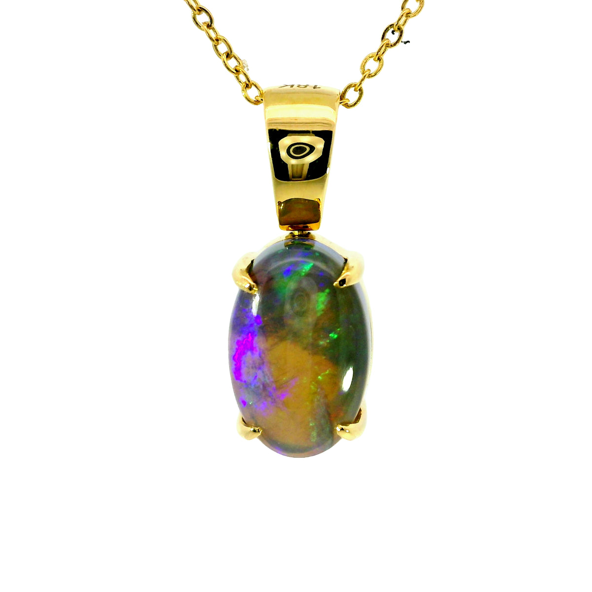 Black Opal Pendant in 18K Yellow Gold - Green-Blue