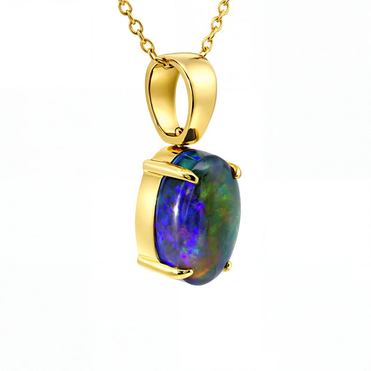 Black Opal Pendant in 18K Yellow Gold - Green-Blue - Australian Opal Cutters and Pearl Divers