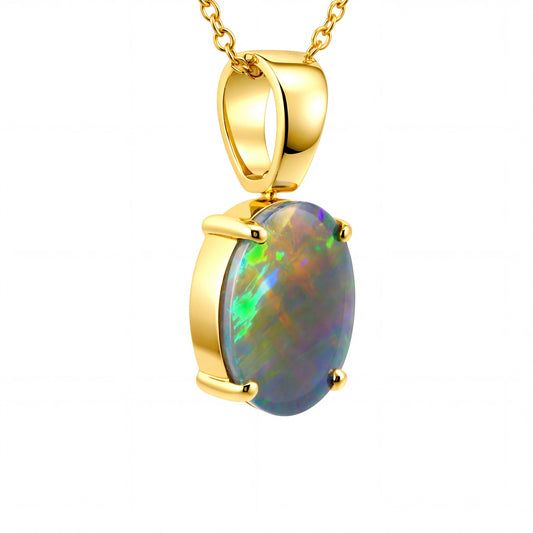 Dark Opal Pendant In 18k Yellow Gold - Multicolour - Australian Opal Cutters and Pearl Divers