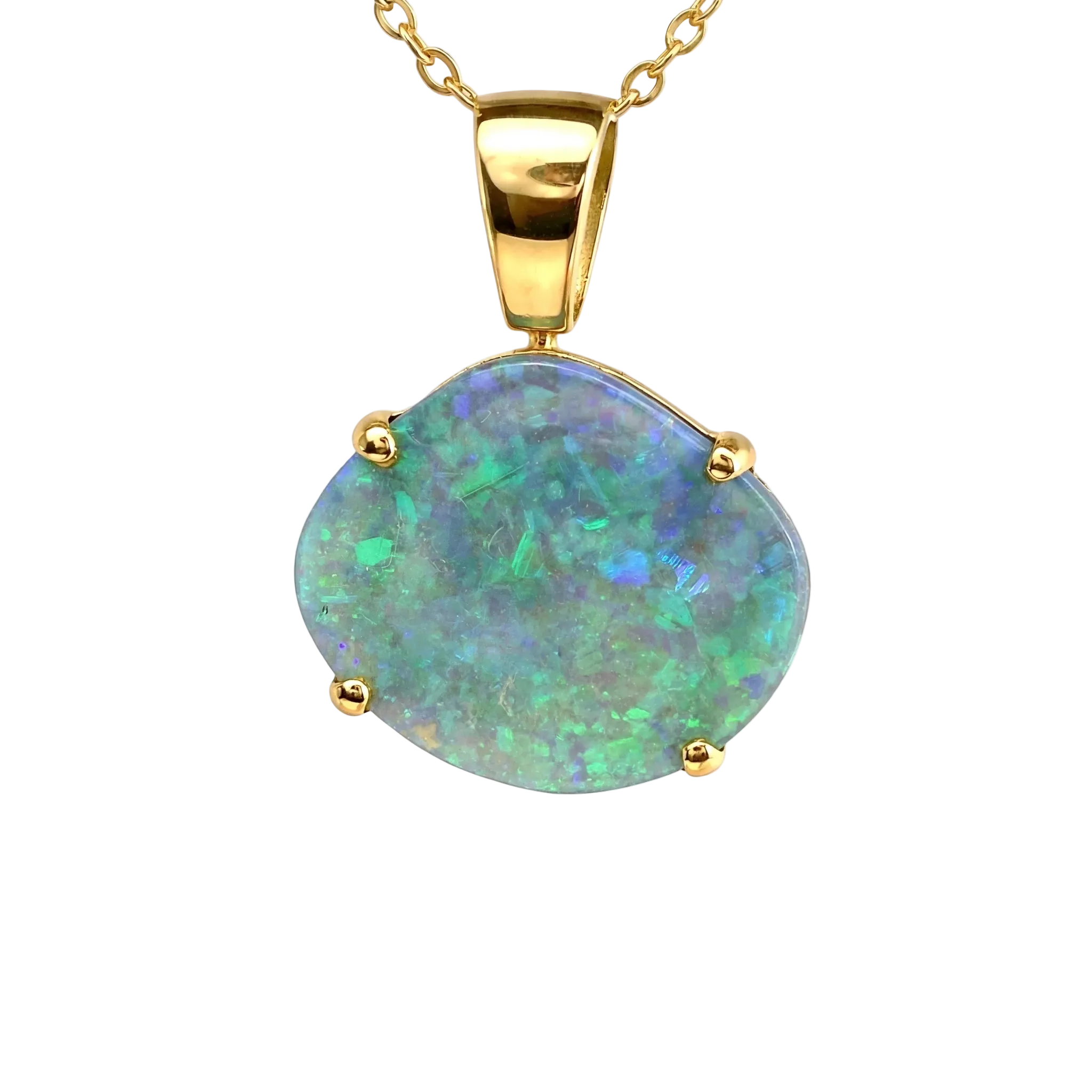 Black Opal Pendant in 18K Yellow Gold - Green and Blue - Australian Opal Cutters and Pearl Divers