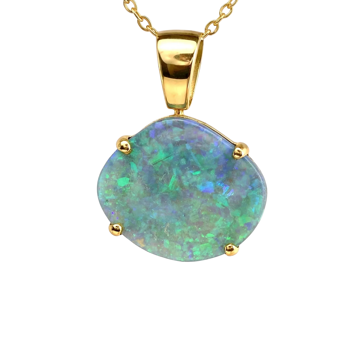 Black Opal Pendant in 18K Yellow Gold - Green and Blue - Australian Opal Cutters and Pearl Divers