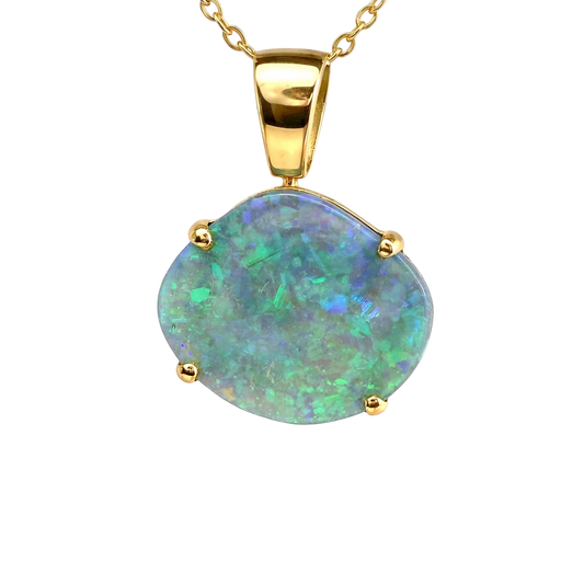 Black Opal Pendant in 18K Yellow Gold - Green and Blue - Australian Opal Cutters and Pearl Divers