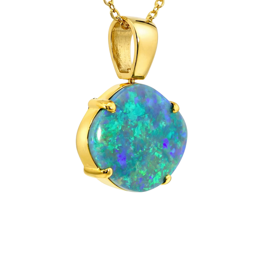 Black Opal Pendant in 18K Yellow Gold - Green and Blue - Australian Opal Cutters and Pearl Divers