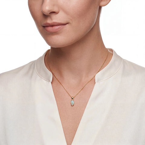 Close-up of a person wearing a gold necklace with an opal pendant on a white background
