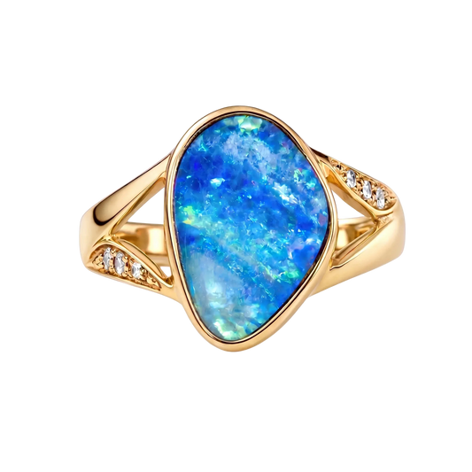 Doublet Opal Ring in 14K Yellow Gold - Green-Blue - Australian Opal Cutters and Pearl Divers