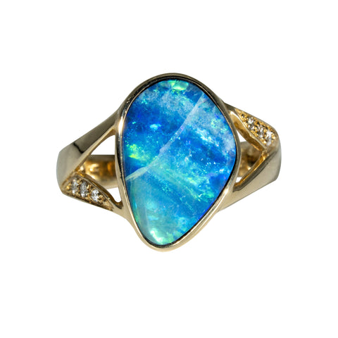 Doublet Opal Ring in 14K Yellow Gold - Green-Blue