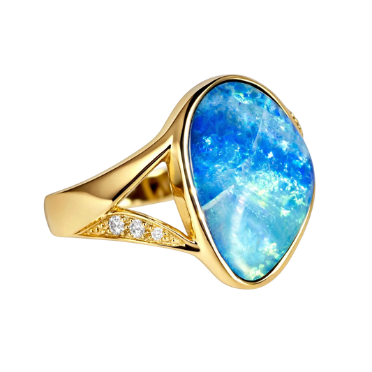 Doublet Opal Ring in 14K Yellow Gold - Green-Blue - Australian Opal Cutters and Pearl Divers