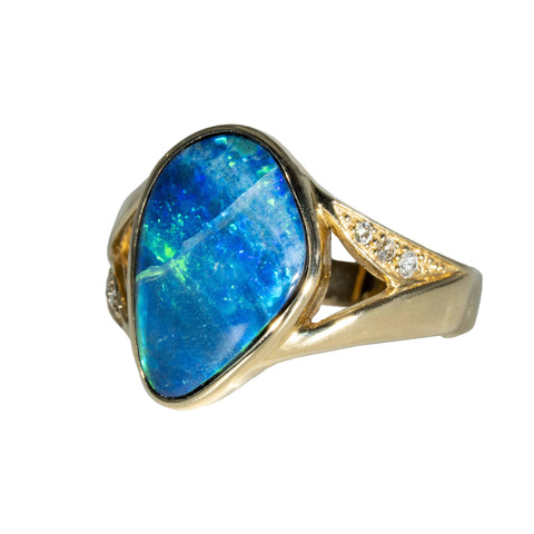 Doublet Opal Ring in 14K Yellow Gold - Green-Blue