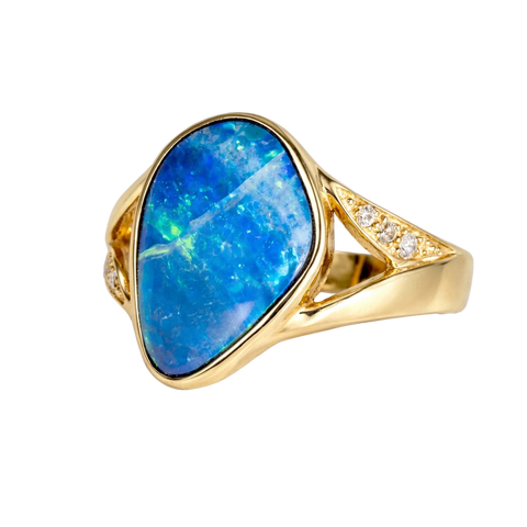 Doublet Opal Ring in 14K Yellow Gold - Green-Blue - Australian Opal Cutters and Pearl Divers