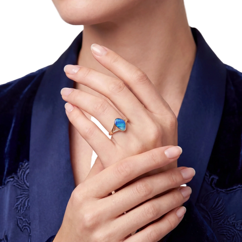 Doublet Opal Ring in 14K Yellow Gold - Green-Blue - Australian Opal Cutters and Pearl Divers