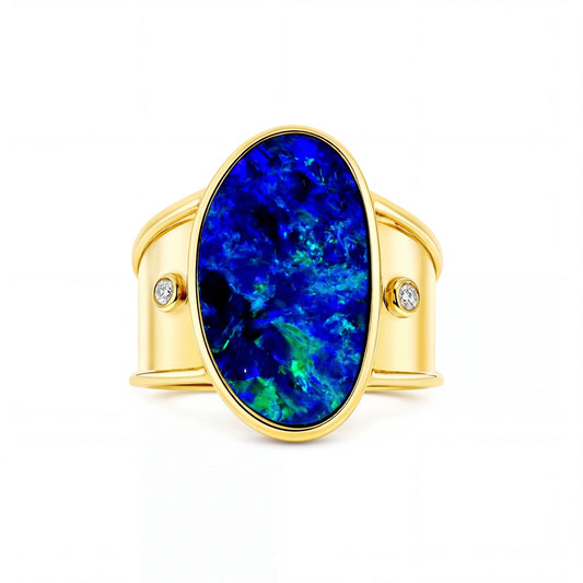 Doublet Opal Men's Ring in 14K Yellow Gold - Green-Blue - Australian Opal Cutters and Pearl Divers