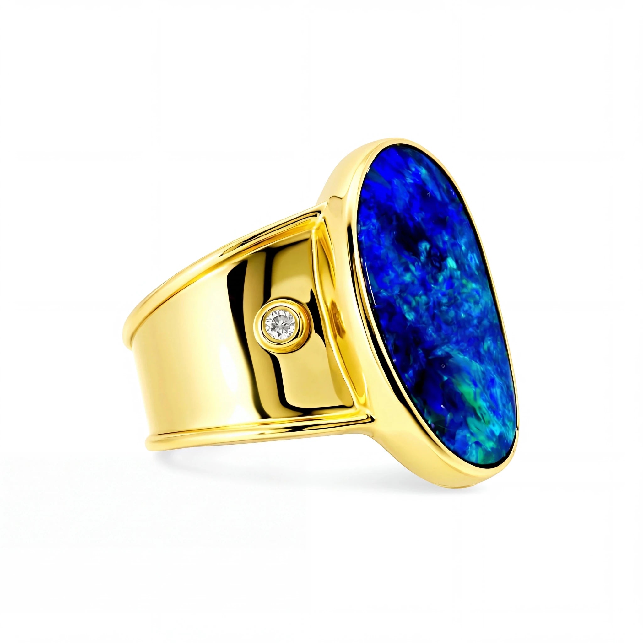 Doublet Opal Men's Ring in 14K Yellow Gold - Green-Blue - Australian Opal Cutters and Pearl Divers