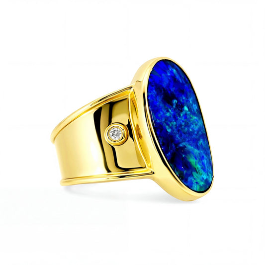 Doublet Opal Men's Ring in 14K Yellow Gold - Green-Blue - Australian Opal Cutters and Pearl Divers