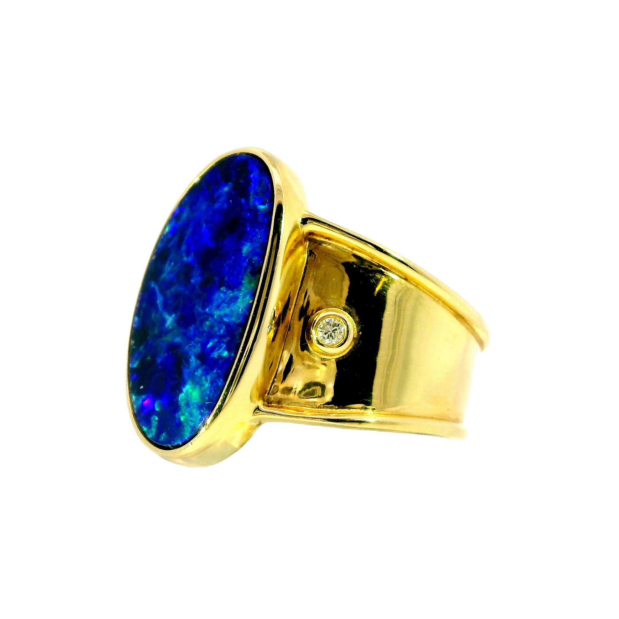 Doublet Opal Men's Ring in 14K Yellow Gold - Green-Blue