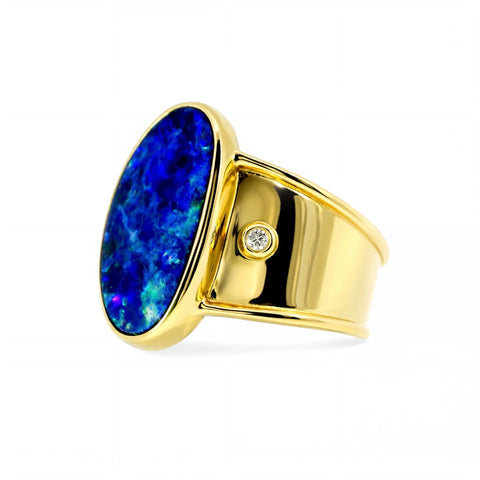 Doublet Opal Men's Ring in 14K Yellow Gold - Green-Blue - Australian Opal Cutters and Pearl Divers