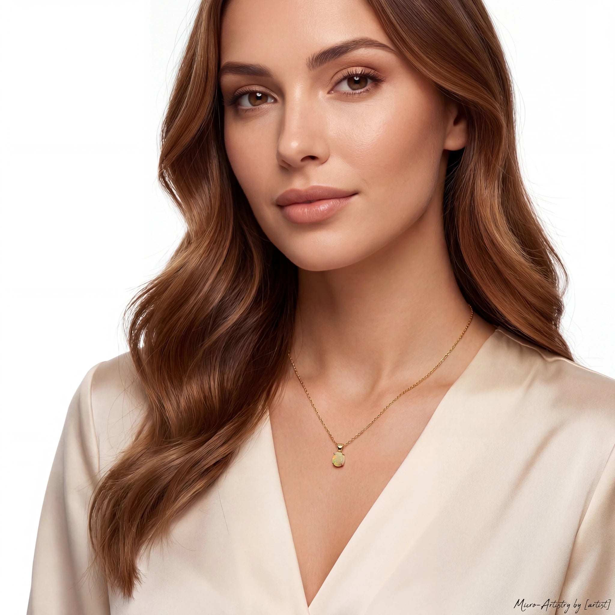 Woman wearing a gold necklace with a plain background
