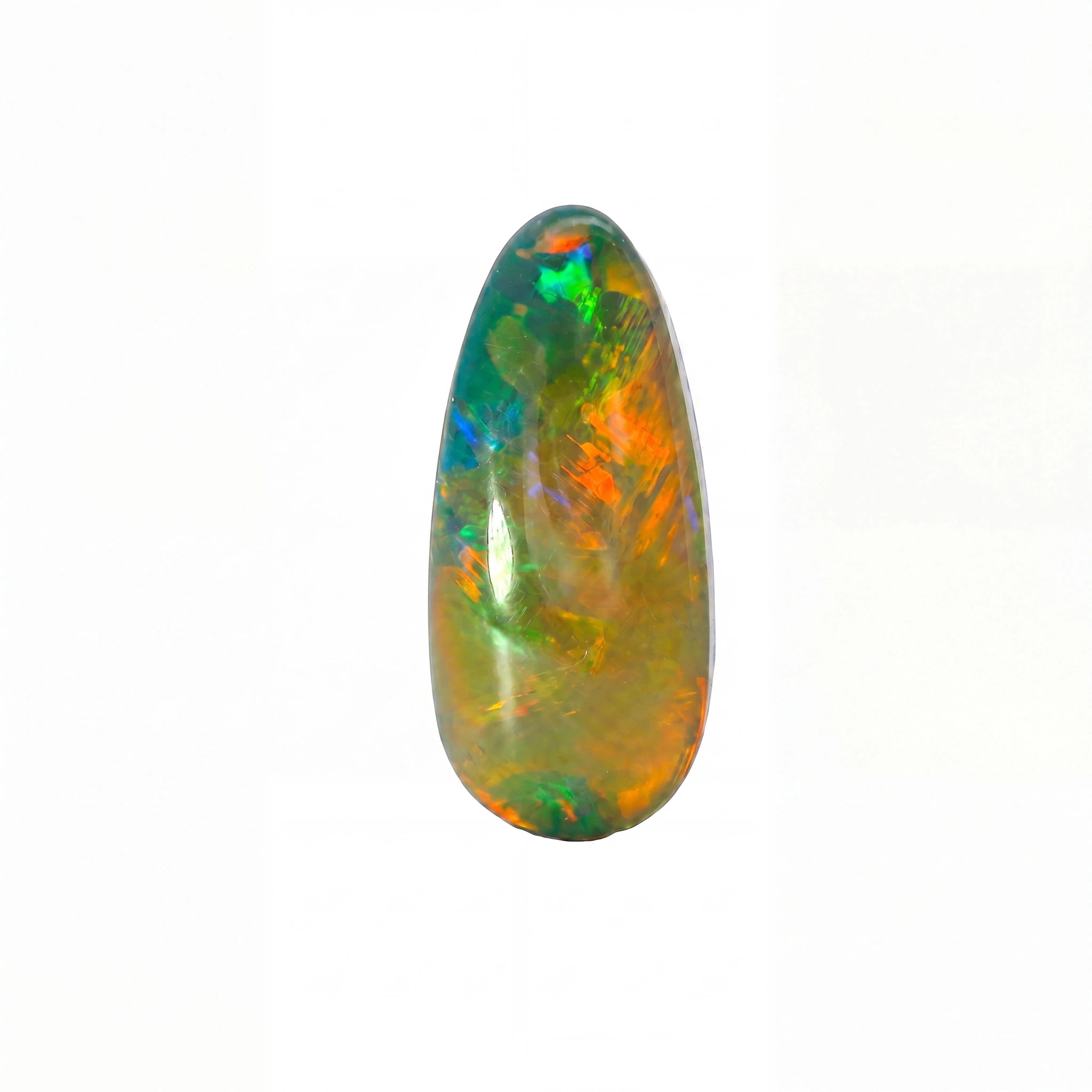 A teardrop-shaped cabochon gemstone showing a vibrant play-of-colour with orange, green, blue, and yellow iridescence on a white background.