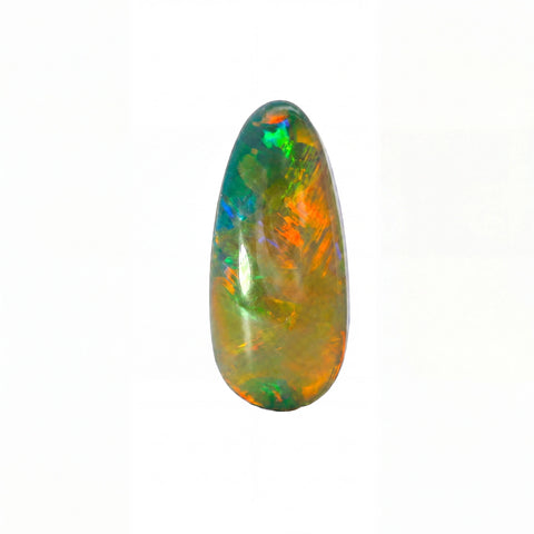 A teardrop-shaped cabochon gemstone showing a vibrant play-of-colour with orange, green, blue, and yellow iridescence on a white background.