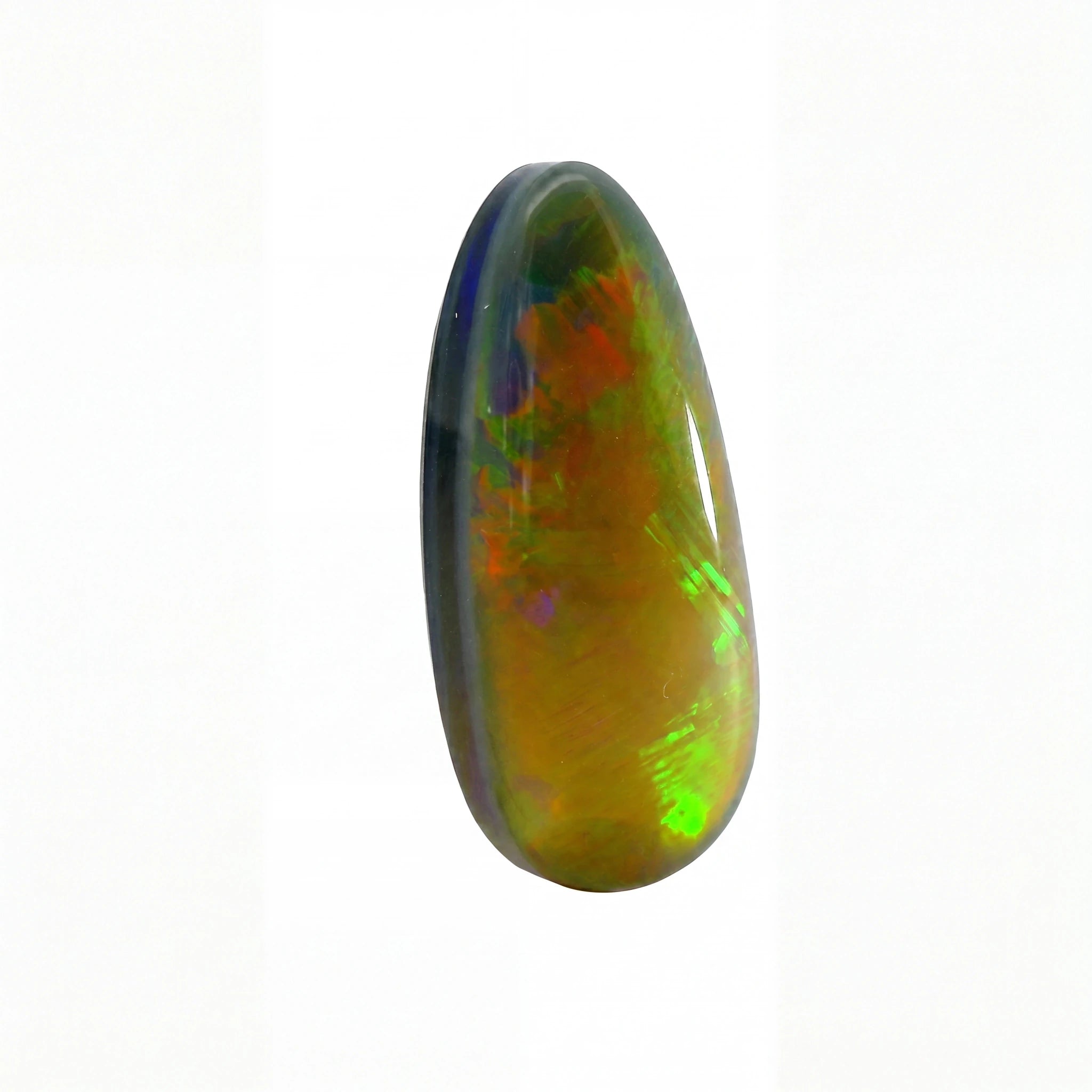 A teardrop-shaped cabochon opal gemstone displaying vibrant iridescent colours of green, orange, and blue on a plain white background.