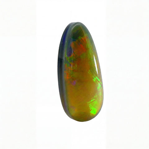 A teardrop-shaped cabochon opal gemstone displaying vibrant iridescent colours of green, orange, and blue on a plain white background.
