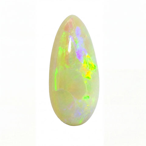 A teardrop-shaped cabochon opal gemstone with a pearlescent white base and vibrant flashes of green, yellow, and purple, set against a plain white background.
