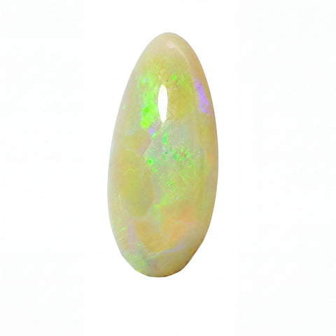 A teardrop-shaped cabochon opal gemstone with a creamy off-white base and vibrant, shifting flashes of neon green, purple, and yellow, set against a plain white background.