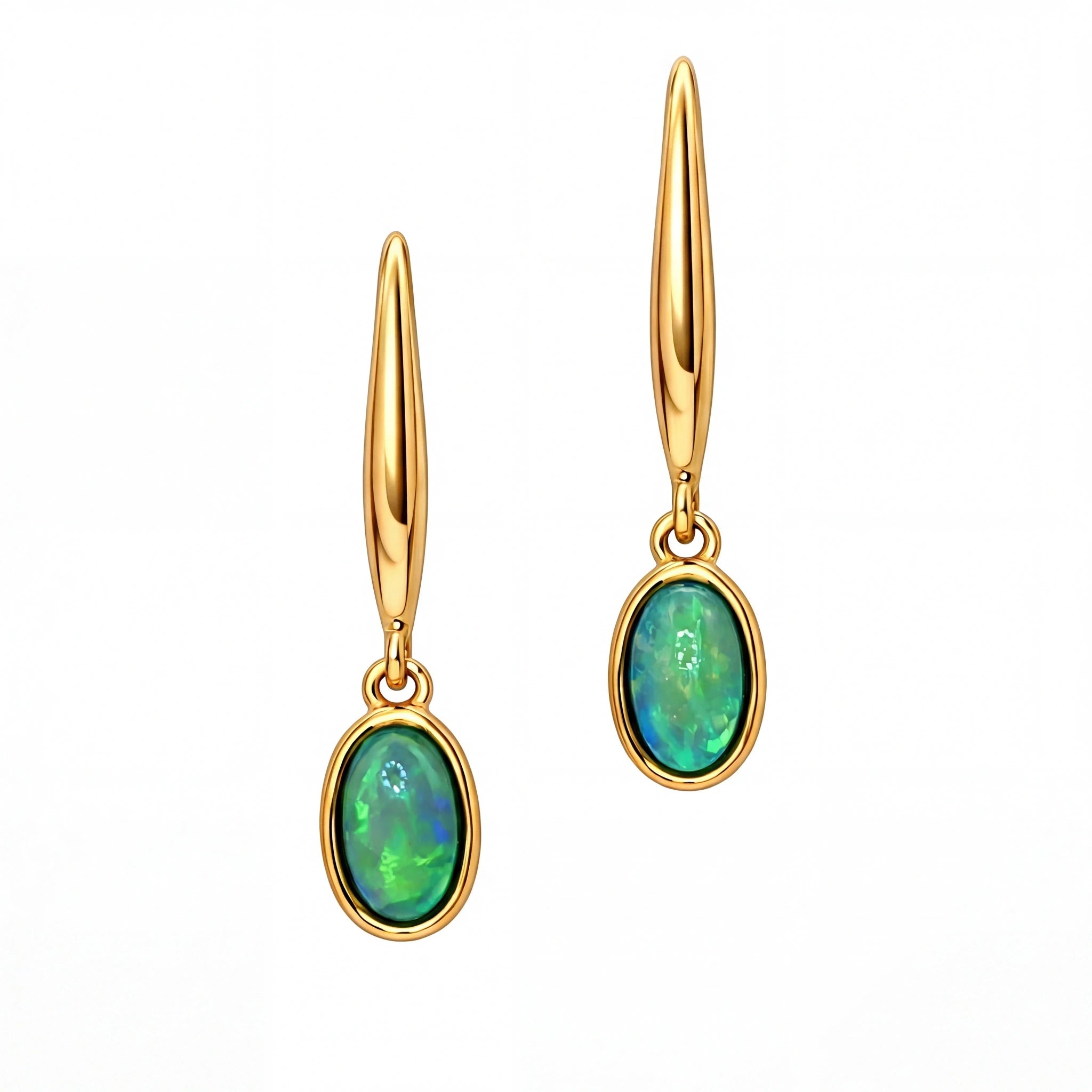 Dark Opal Earrings set in 14K Yellow Gold - Green and Blue - Australian Opal Cutters and Pearl Divers