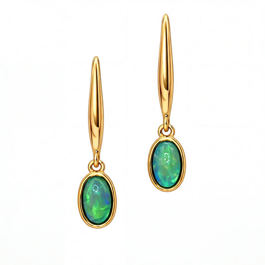 Dark Opal Earrings set in 14K Yellow Gold - Green and Blue - Australian Opal Cutters and Pearl Divers