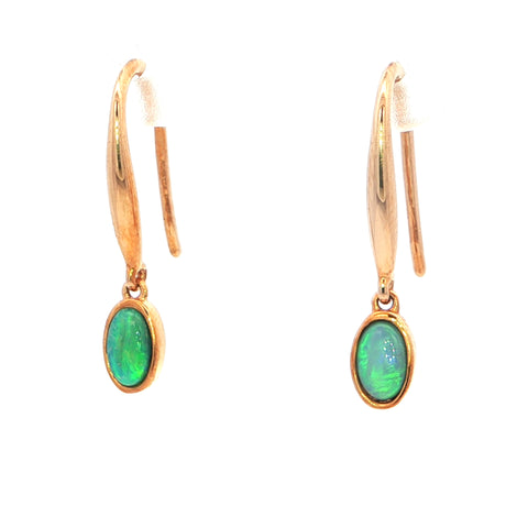 Dark Opal Earrings set in 14K Yellow Gold - Green and Blue