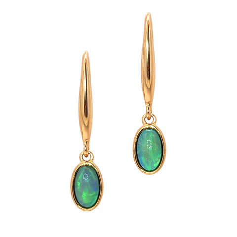 Dark Opal Earrings set in 14K Yellow Gold - Green and Blue