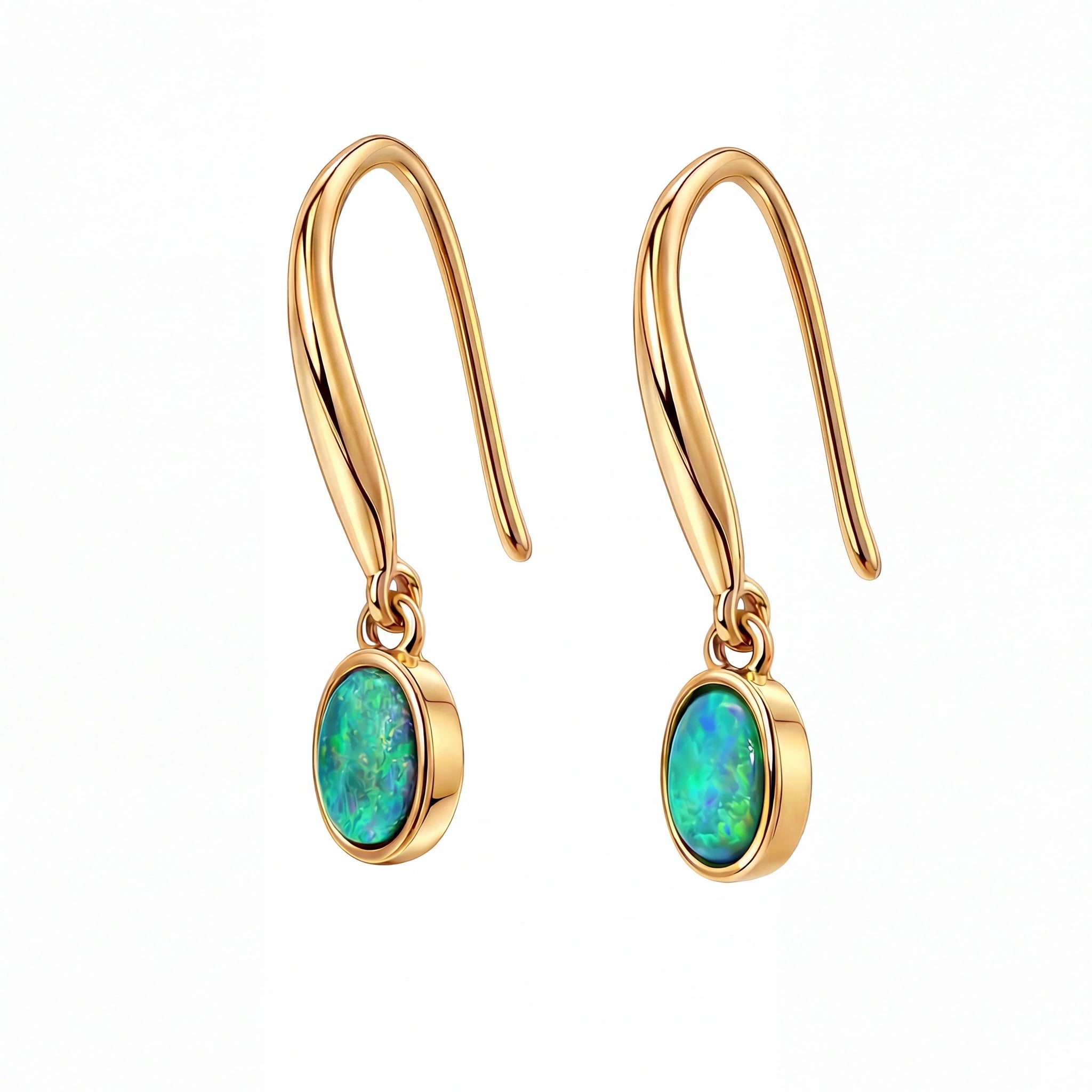 Dark Opal Earrings set in 14K Yellow Gold - Green and Blue - Australian Opal Cutters and Pearl Divers