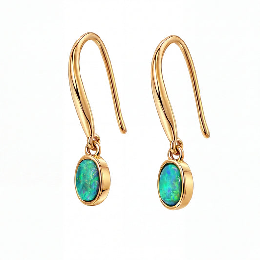 Dark Opal Earrings set in 14K Yellow Gold - Green and Blue - Australian Opal Cutters and Pearl Divers