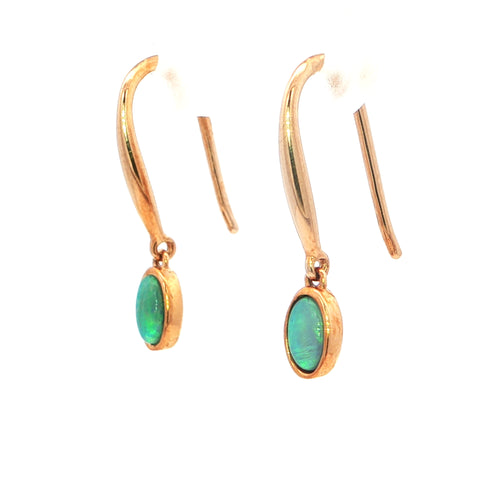 Dark Opal Earrings set in 14K Yellow Gold - Green and Blue