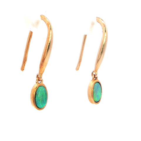 Dark Opal Earrings set in 14K Yellow Gold - Green and Blue