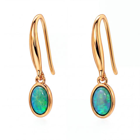 Dark Opal Earrings set in 14K Yellow Gold - Green and Blue - Australian Opal Cutters and Pearl Divers