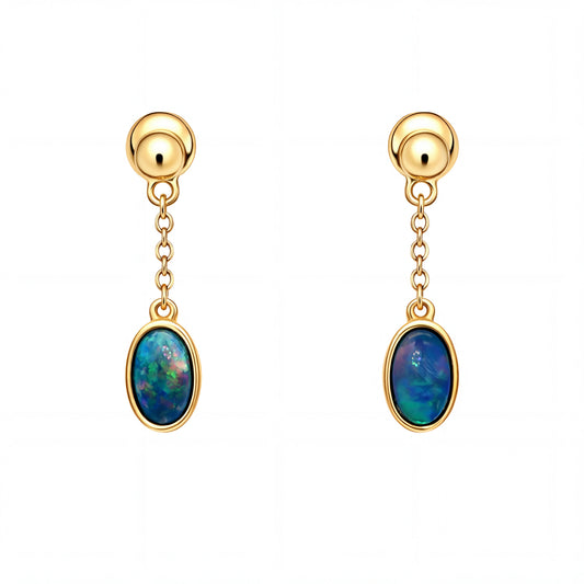 Yellow Gold Dangle Earrings with Cabochon Opal Gemstones
