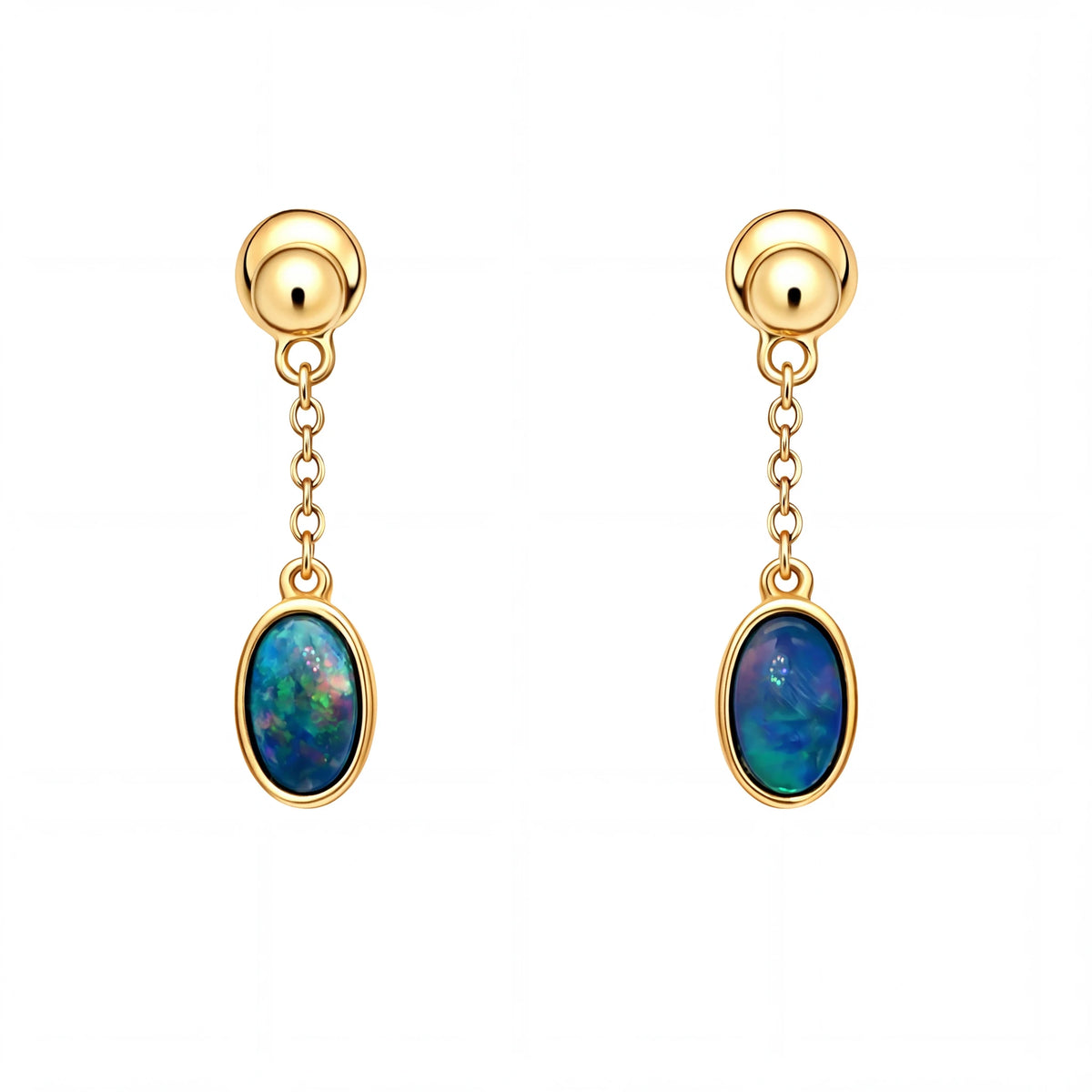 Yellow Gold Dangle Earrings with Cabochon Opal Gemstones - Australian Opal Cutters and Pearl Divers